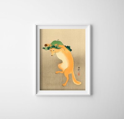 Weinleseplakat für das Wohnzimmer Tanzen Fuchs im Hut von Ohary Koson