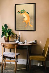 Weinleseplakat für das Wohnzimmer Tanzen Fuchs im Hut von Ohary Koson