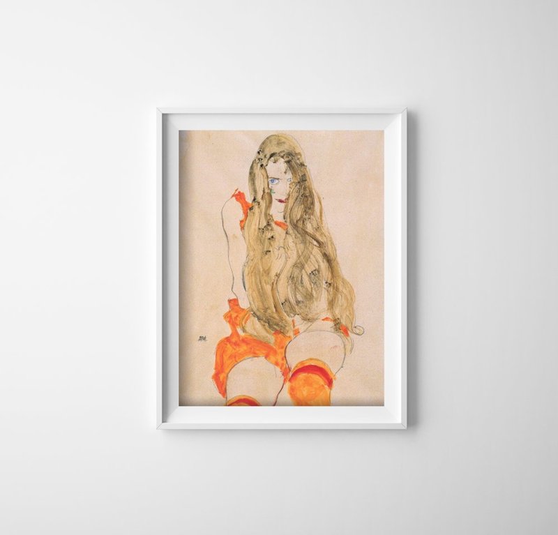Poster Retro-Wohnzimmer Sitzendes Mädchen mit dem Haar Egon Schiele fallen