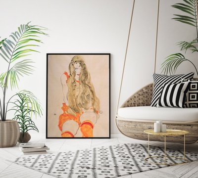Poster Retro-Wohnzimmer Sitzendes Mädchen mit dem Haar Egon Schiele fallen