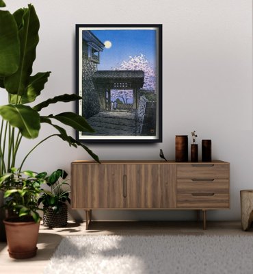 Plakat-Weinlese Kirschblüten und Mond in der Burg Matsuyama Kawase Hasui