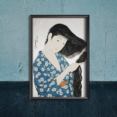 Poster Retro-Wohnzimmer Frau im blauen Kämmen Haar