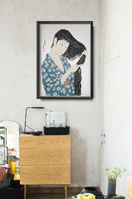 Poster Retro-Wohnzimmer Frau im blauen Kämmen Haar