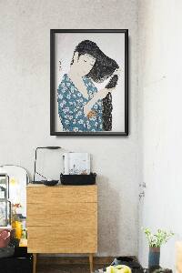Poster Retro-Wohnzimmer Frau im blauen Kämmen Haar