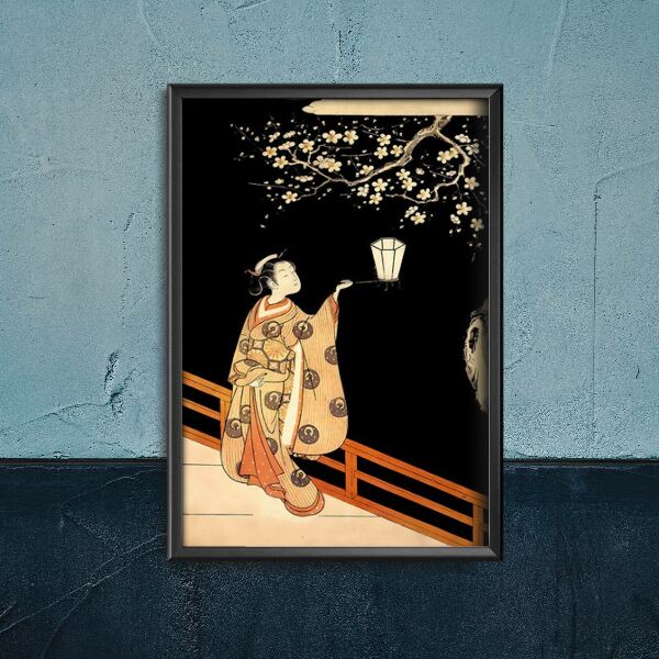 Poster im Retro-Stil Eine Frau bewundernde Pflaumenblüten in der Nacht