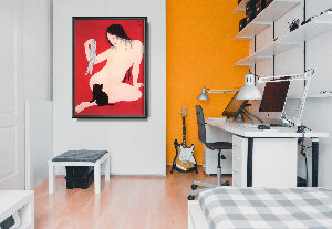 Poster Retro-Wohnzimmer Eine Frau mit einem Kätzchen