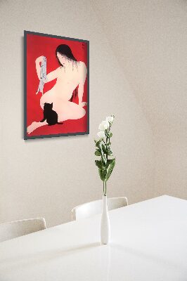 Poster Retro-Wohnzimmer Eine Frau mit einem Kätzchen