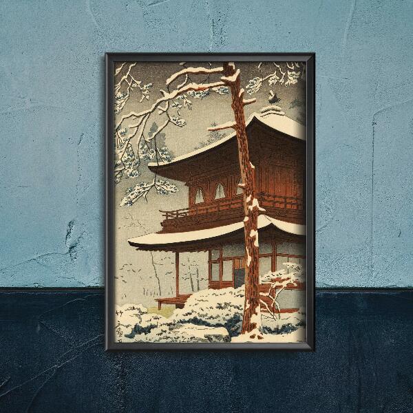 Plakat-Weinlese Schnee im Tempel Ginkakuji Kawase