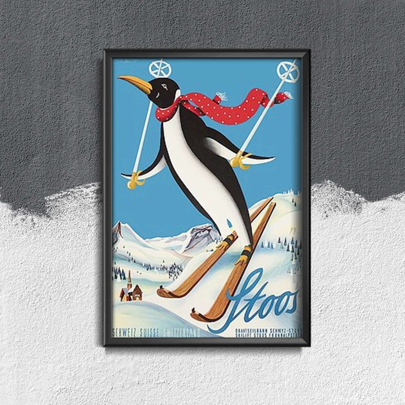 Weinleseplakat für das Wohnzimmer Pinguin-Ski Schweiz Stoos