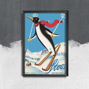 Weinleseplakat für das Wohnzimmer Pinguin-Ski Schweiz Stoos