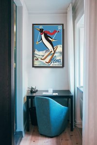 Weinleseplakat für das Wohnzimmer Pinguin-Ski Schweiz Stoos