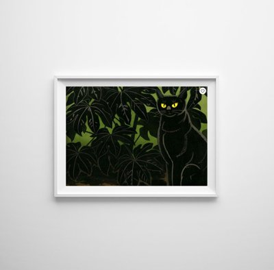 Poster im Retro-Stil Katze und Büsche von Tomoo Inagaki