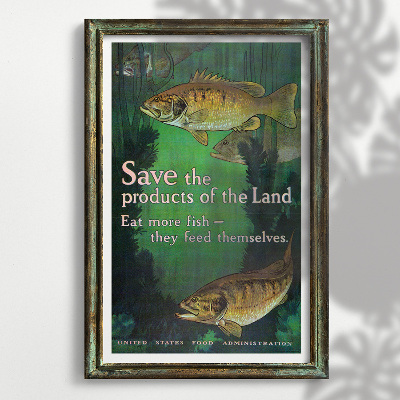 Weinleseplakat Speichern Sie die Produkte des Landes, Essen Sie mehr Fische, ziehen sie sich