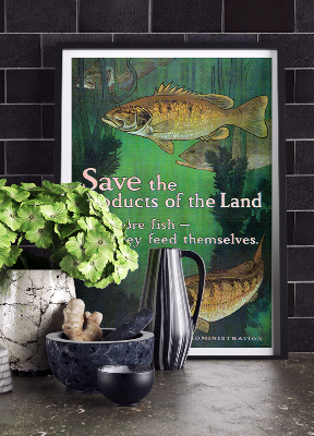 Weinleseplakat Speichern Sie die Produkte des Landes, Essen Sie mehr Fische, ziehen sie sich