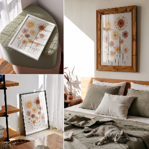 Poster auf Leinwand mit pastellfarbenen Löwenzahnblüten