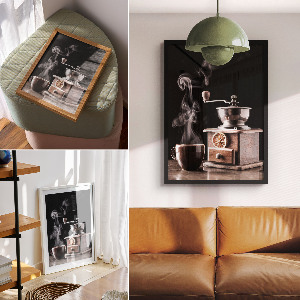 Poster-Kunstdruck mit Kaffee- und Kaffeemühlen-Motiv