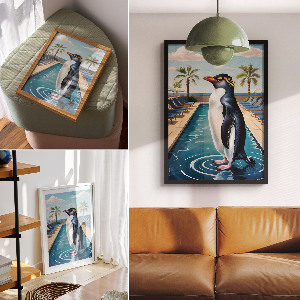 Poster mit Motiv eines Pinguins im Urlaub