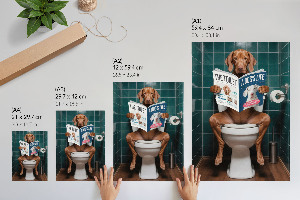 Poster auf Leinwand mit Motiv Hund auf einer Toilette