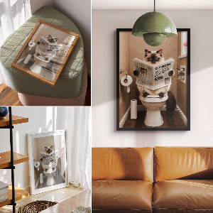 Poster Kunstdruck mit Katze auf der Toilette