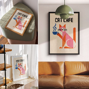 Kunstdruck-Poster mit Katzenmotiv und Kaffee