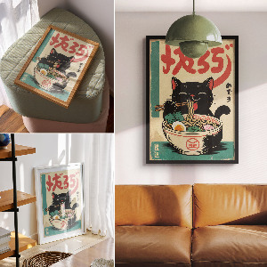 Kunstdruck poster Ramen und Katze