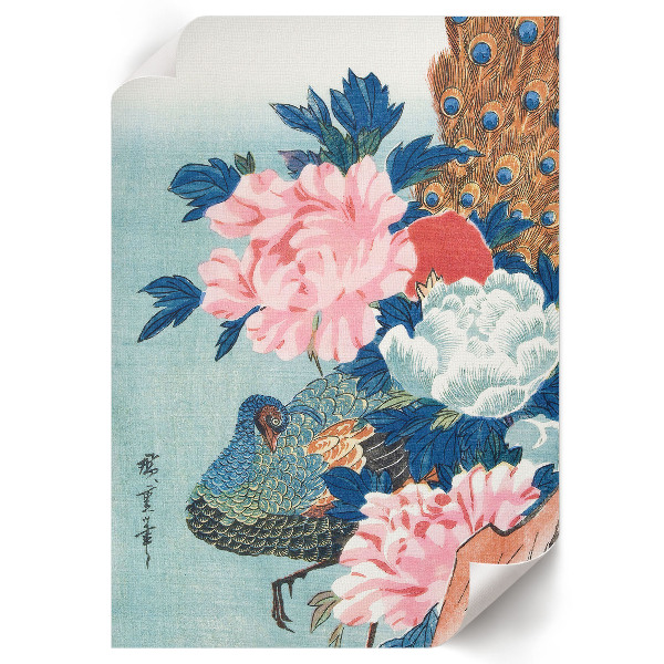 Kunstdruck auf Leinwand mit Pfau und Pfingstrosen