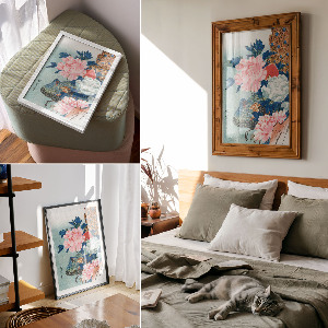 Kunstdruck auf Leinwand mit Pfau und Pfingstrosen