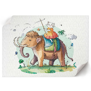 Wandposter mit der Darstellung einer Person, die auf einem Mammut reitet