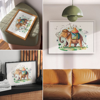 Wandposter mit der Darstellung einer Person, die auf einem Mammut reitet