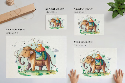 Wandposter mit der Darstellung einer Person, die auf einem Mammut reitet