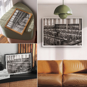 Plakat mit Innenansicht einer Bibliothek