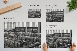 Plakat mit Innenansicht einer Bibliothek