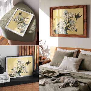 Wandposter Hortensie und die Schwalbe